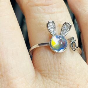 Anillo Plata 925 Lente Espejo Tornasol Conejito y su Zanahoria Ajustable