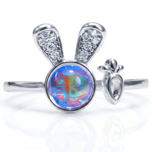 Anillo Plata 925 Lente Espejo Tornasol Conejito y su Zanahoria Ajustable