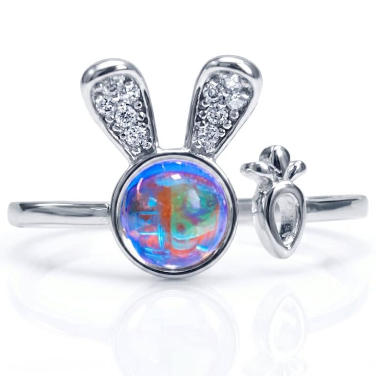 Anillo Plata 925 Lente Espejo Tornasol Conejito y su Zanahoria Ajustable
